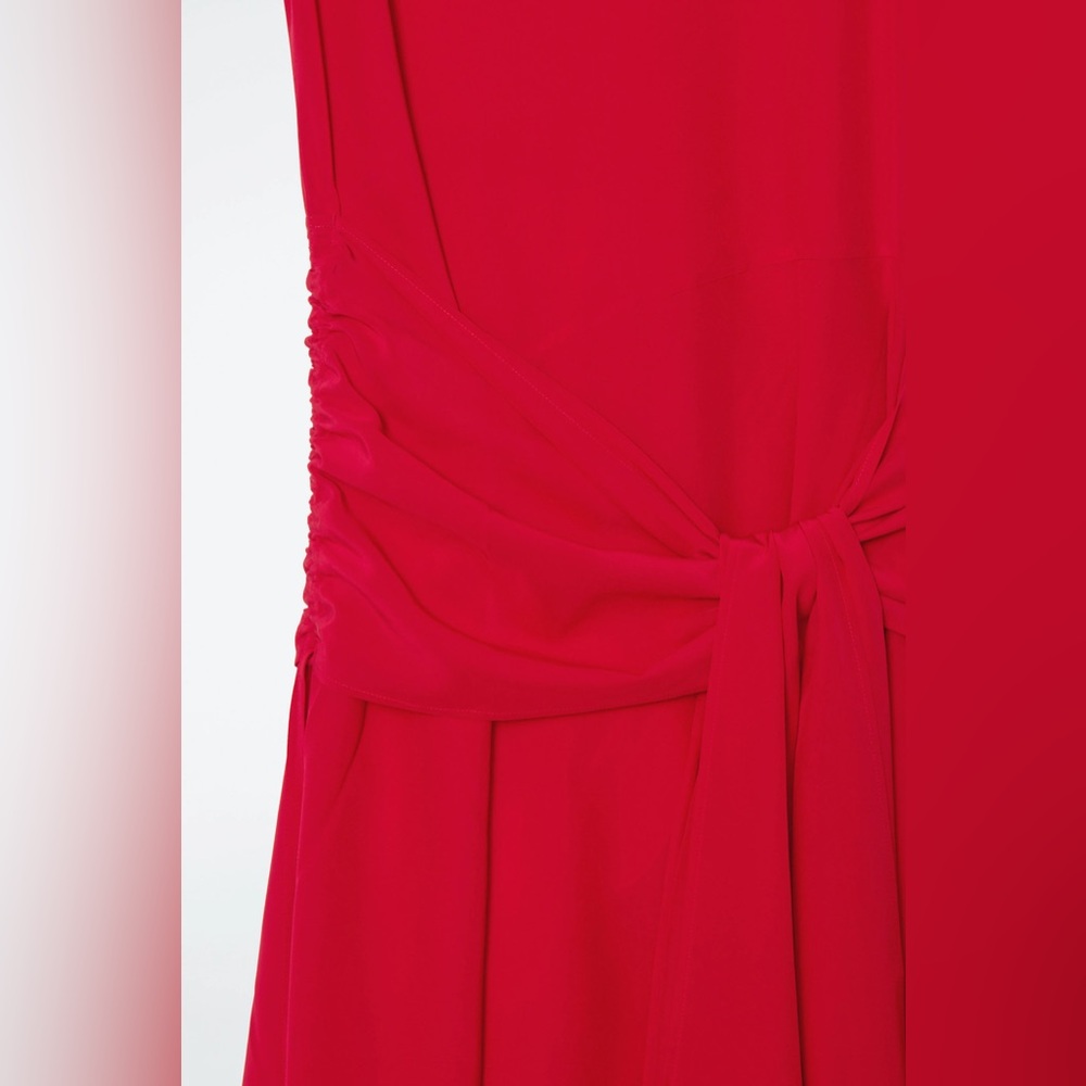 NWT COS Red Silk Asymmetrical V neck Midi Dress with side tie - Picture 4 of 5